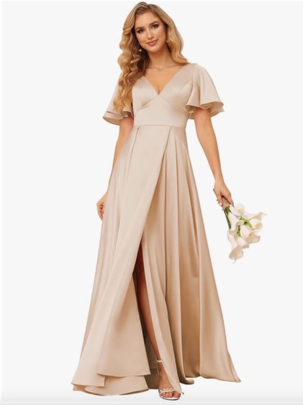 Women's Long Formal Champagne Bridesmaid Dress w/ Slit, Open Back & Short Sleeve